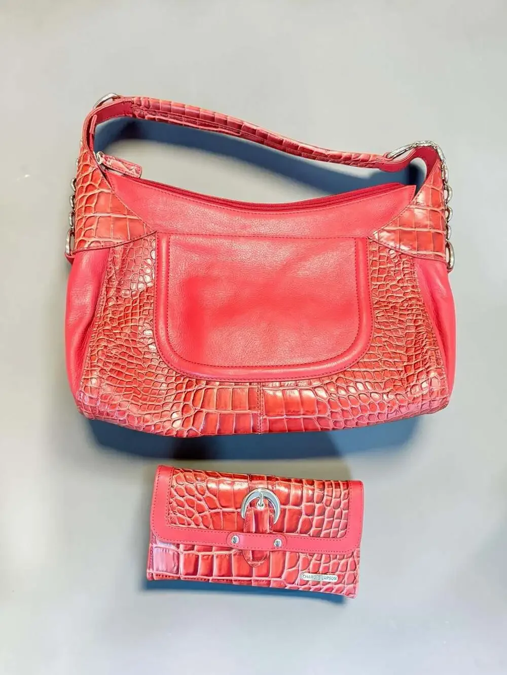 Charlie Lapson Red Crocodile Embossed Leather Hobo Bag and Matching Wallet Set